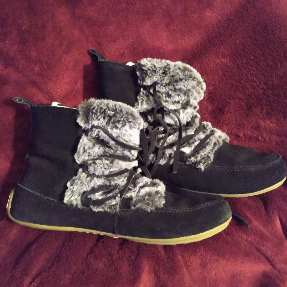 Lucky Brand Suede Leather Faux Fur Boot Slipper Bootie Black/Grey Sz 7 fit EUC